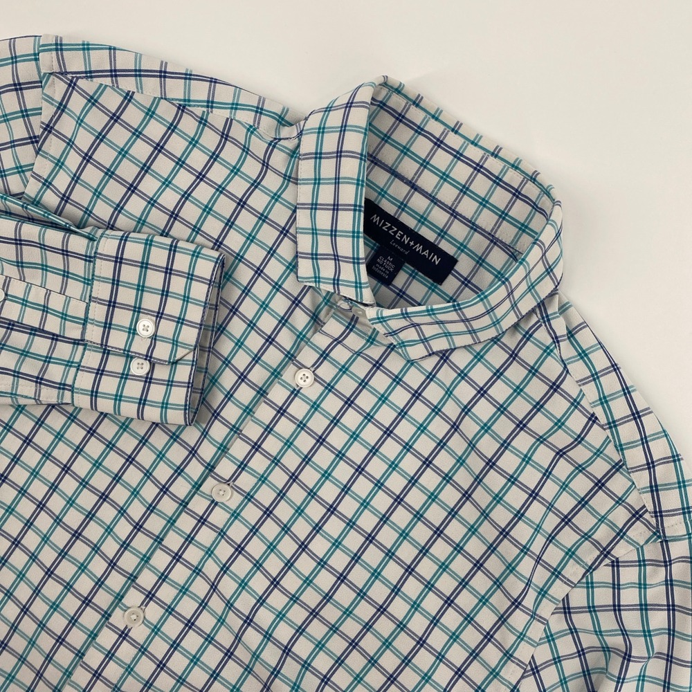 Mizzen Main Leeward Shirt Mens M White Blue Check No Tuck Performance Office